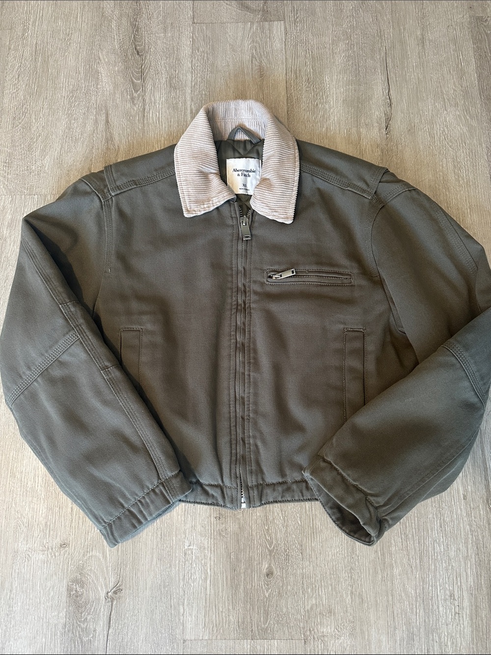 Abercrombie & Fitch Cropped Twill Workwear Jacket Green & Tan Corduroy Collar XS